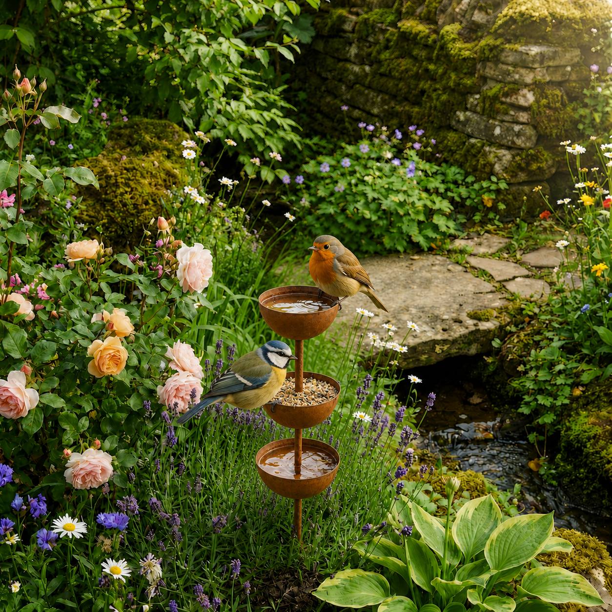 Bain d’oiseaux sur piquet de jardin en cuivre rustique