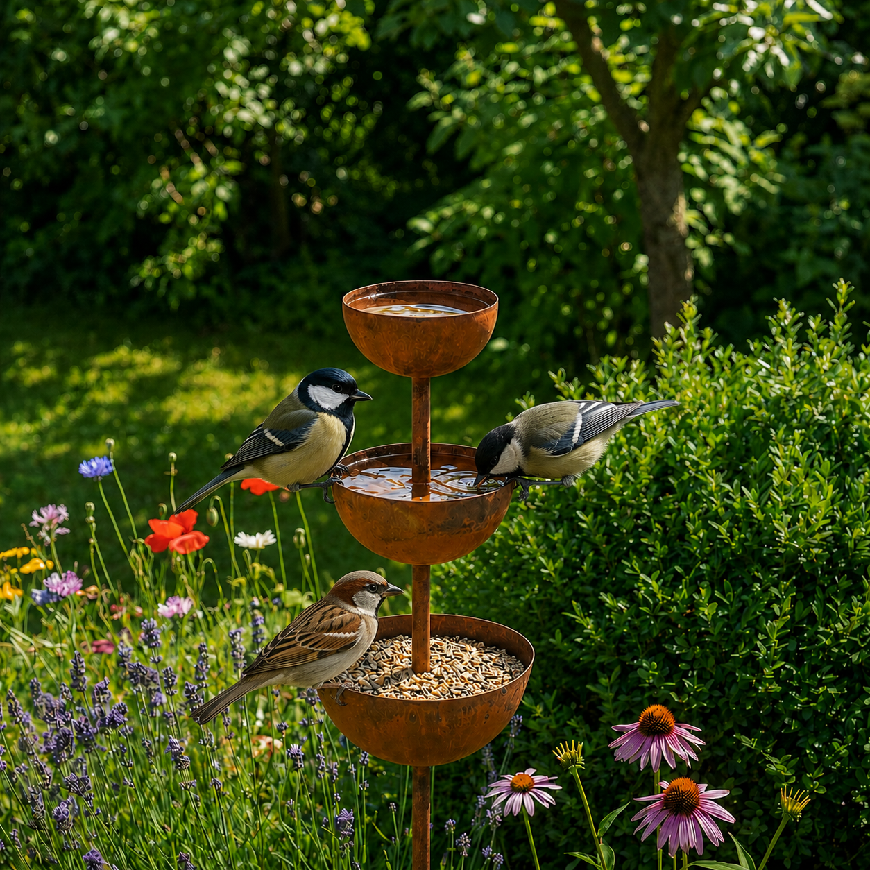 Bain d’oiseaux sur piquet de jardin en cuivre rustique