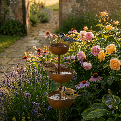 Bain d’oiseaux sur piquet de jardin en cuivre rustique