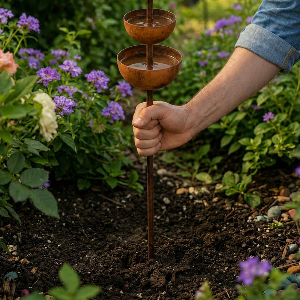 Bain d’oiseaux sur piquet de jardin en cuivre rustique