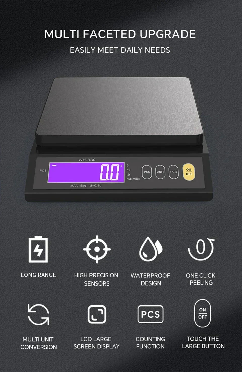 Balance de cuisine électronique numérique 5 kg/0,1 g et 10 kg/1 g, écran LCD, entièrement étanche, en acier inoxydable, outil de pesage pour la pâtisserie
