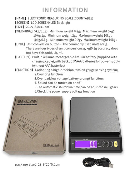 Balance de cuisine électronique numérique 5 kg/0,1 g et 10 kg/1 g, écran LCD, entièrement étanche, en acier inoxydable, outil de pesage pour la pâtisserie