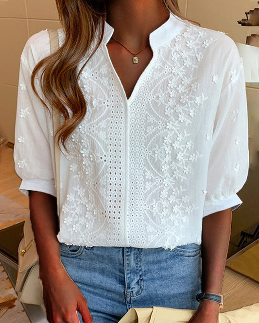 Blouse à manches courtes unie à col en V