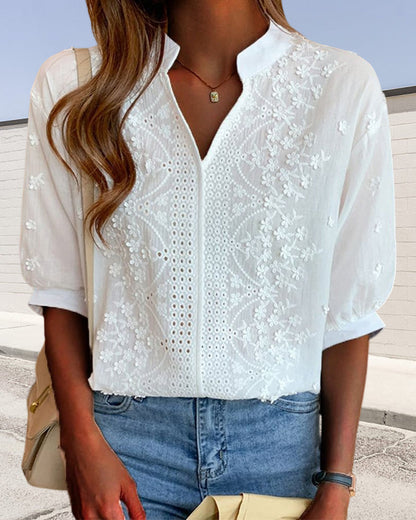 Blouse à manches courtes unie à col en V