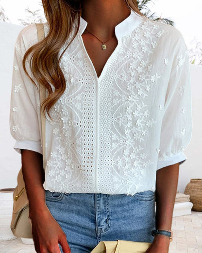 Blouse à manches courtes unie à col en V