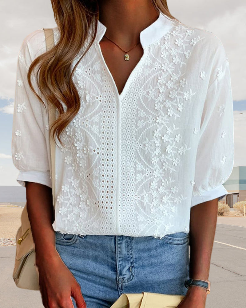 Blouse à manches courtes unie à col en V