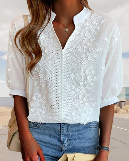 Blouse à manches courtes unie à col en V