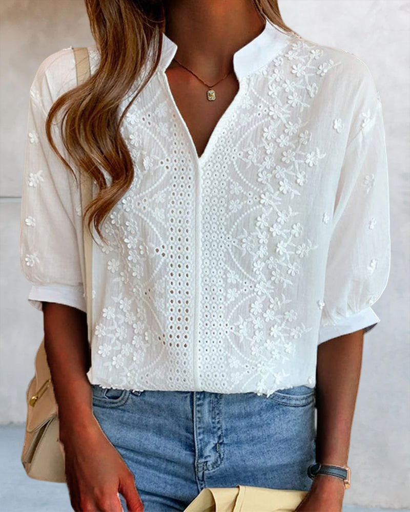 Blouse à manches courtes unie à col en V