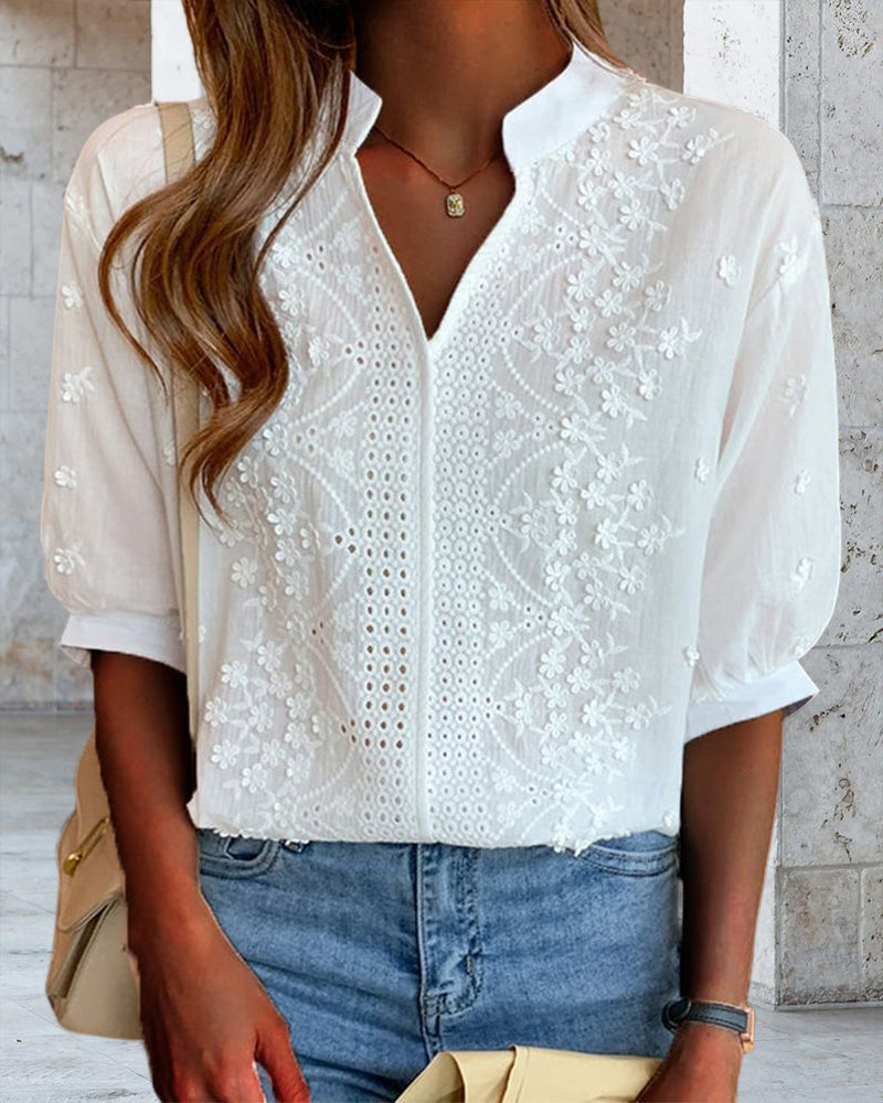 Blouse à manches courtes unie à col en V