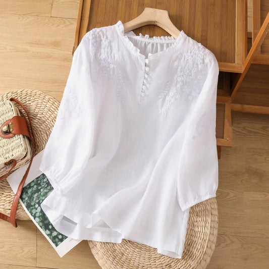 Blouse brodée à manches 3/4 pour femme
