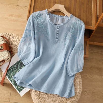 Blouse brodée à manches 3/4 pour femme