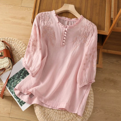 Blouse brodée à manches 3/4 pour femme