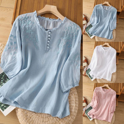 Blouse brodée à manches 3/4 pour femme