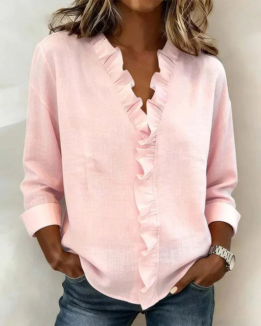 Blouse femme à volants, col en V, manches longues