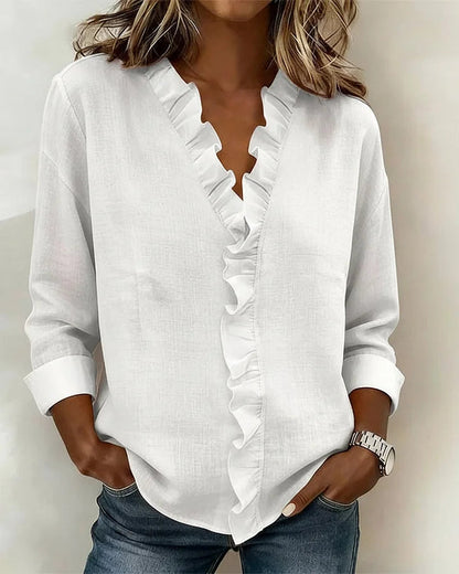 Blouse femme à volants, col en V, manches longues