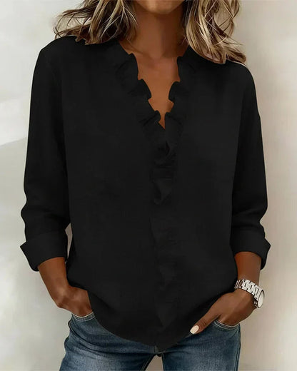 Blouse femme à volants, col en V, manches longues