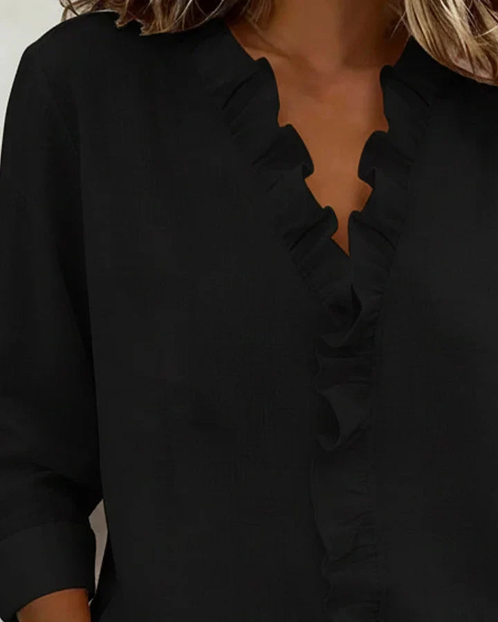 Blouse femme à volants, col en V, manches longues