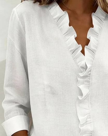 Blouse femme à volants, col en V, manches longues