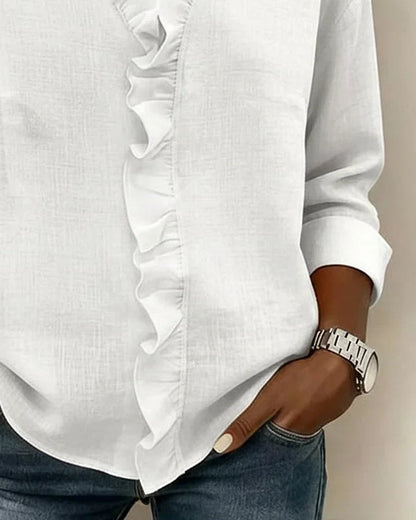 Blouse femme à volants, col en V, manches longues