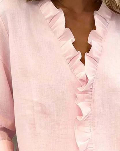 Blouse femme à volants, col en V, manches longues