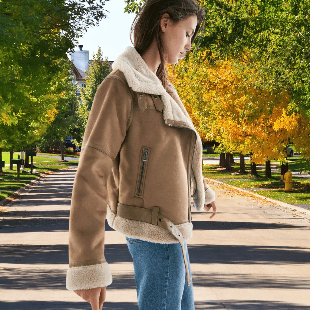 Blouson aviateur en peau lainée pour femme