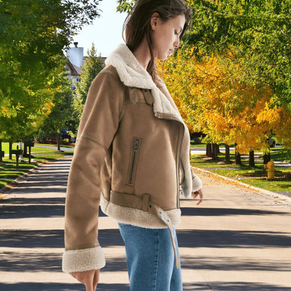 Blouson aviateur en peau lainée pour femme