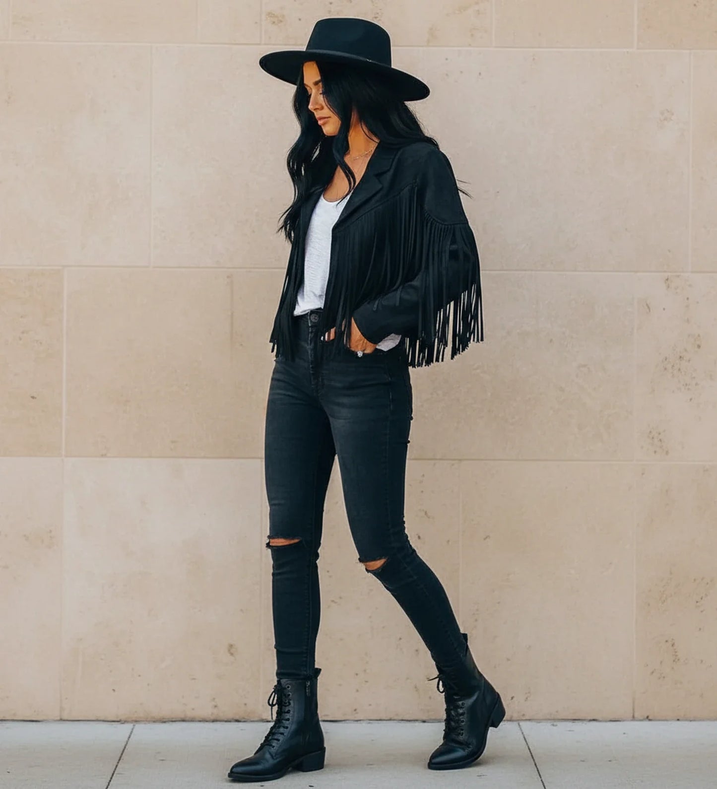 Blouson motard à franges pour femme