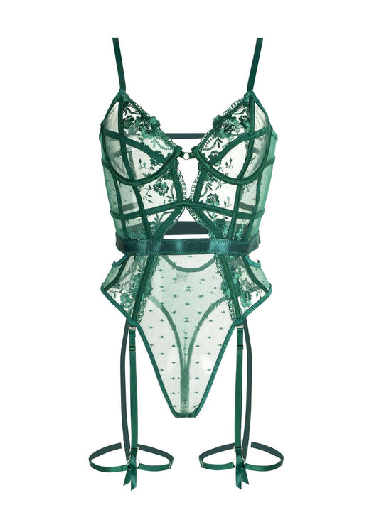 Body femme en dentelle verte à armatures