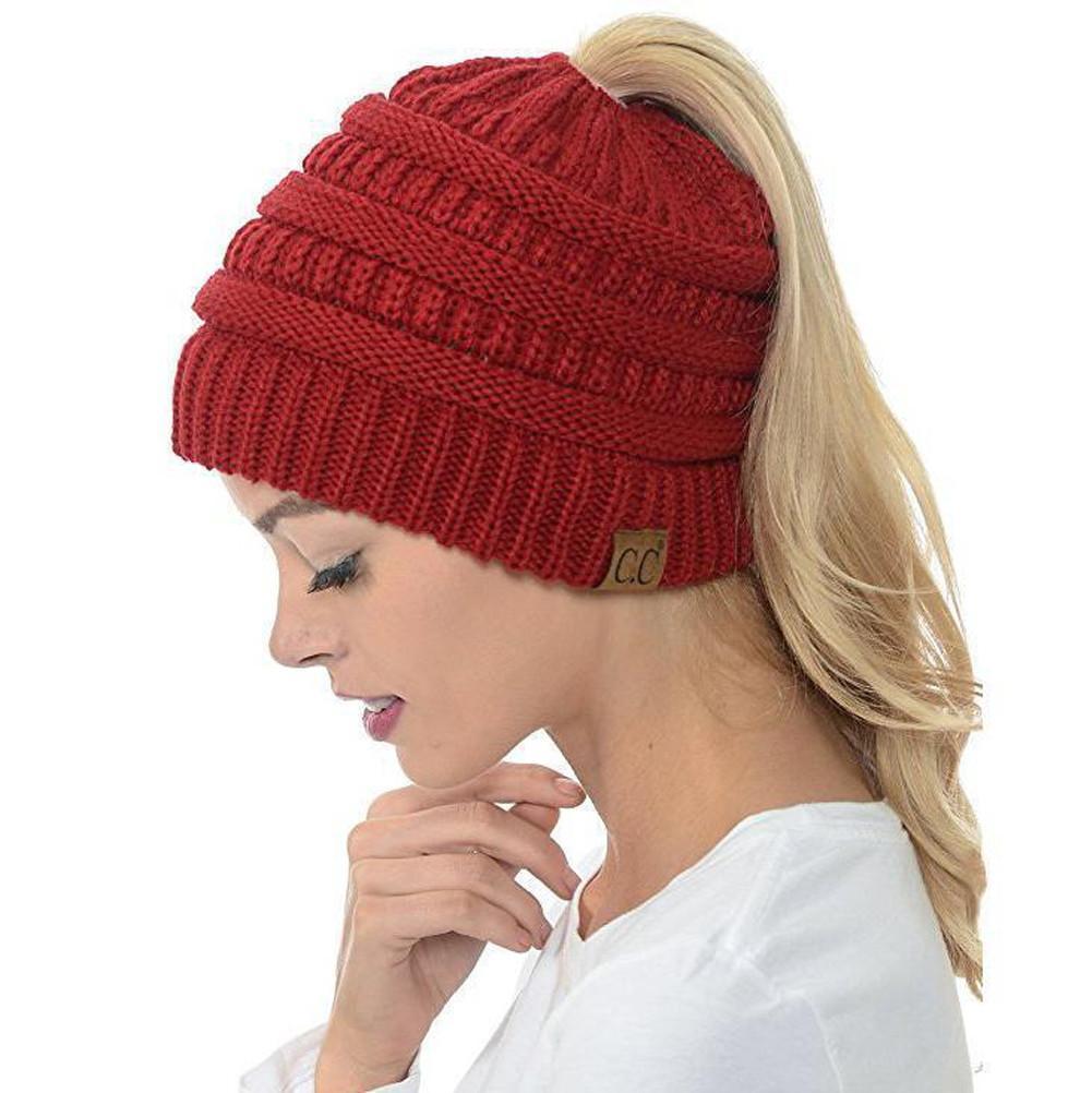 Bonnet femme en maille douce pour queue-de-cheval – bonnet d'hiver décontracté
