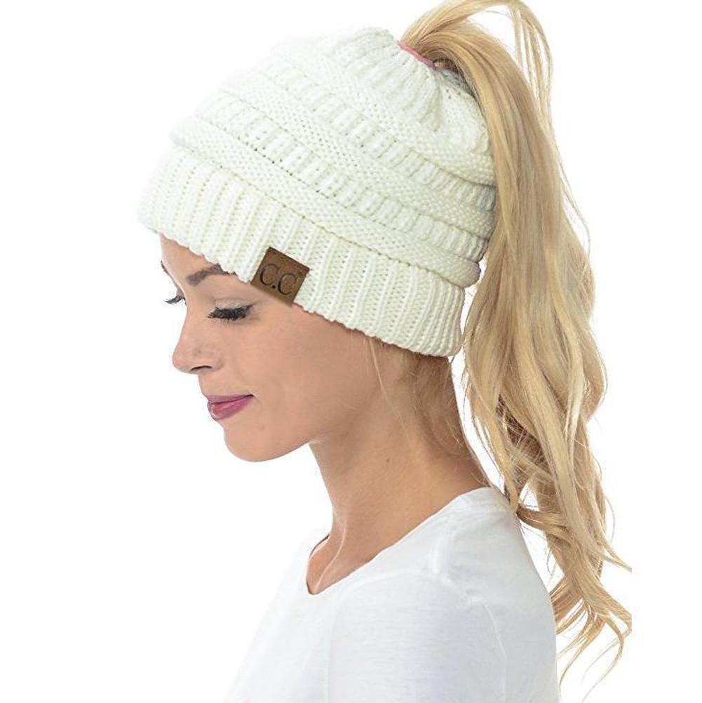 Bonnet femme en maille douce pour queue-de-cheval – bonnet d'hiver décontracté