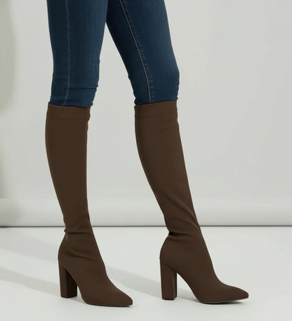 Bottes femme en maille hauteur genou à talons hauts