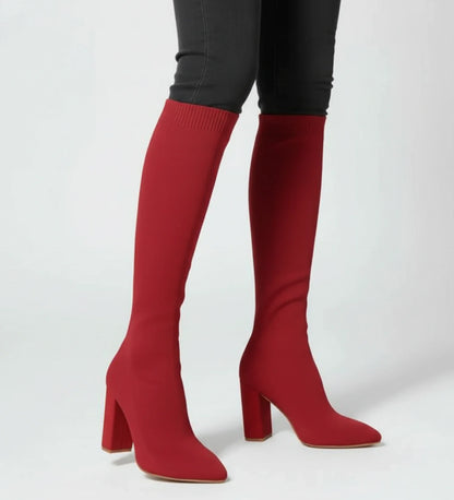 Bottes femme en maille hauteur genou à talons hauts