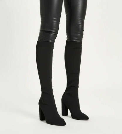 Bottes femme en maille hauteur genou à talons hauts