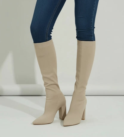Bottes femme en maille hauteur genou à talons hauts