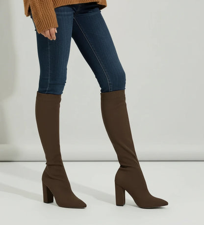 Bottes femme en maille hauteur genou à talons hauts