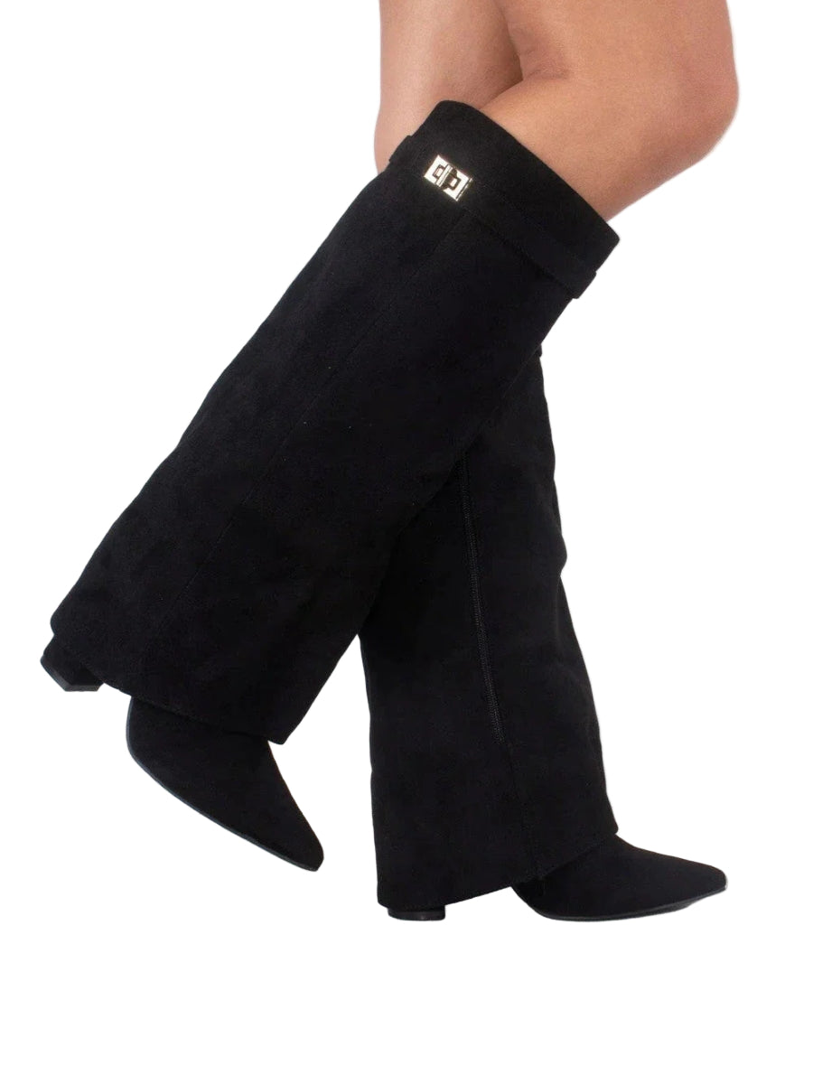 Bottes femme noires jusqu’au genou avec détails dorés