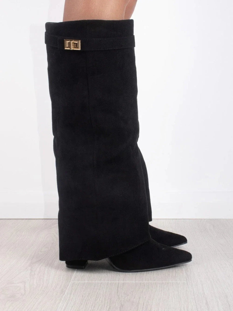 Bottes femme noires jusqu’au genou avec détails dorés