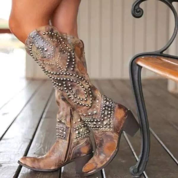 Bottes hautes au style rock – similicuir effet vieilli – détails à rivets – talon épais – zip latéral