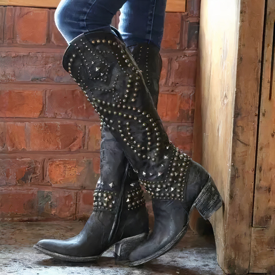 Bottes hautes au style rock – similicuir effet vieilli – détails à rivets – talon épais – zip latéral