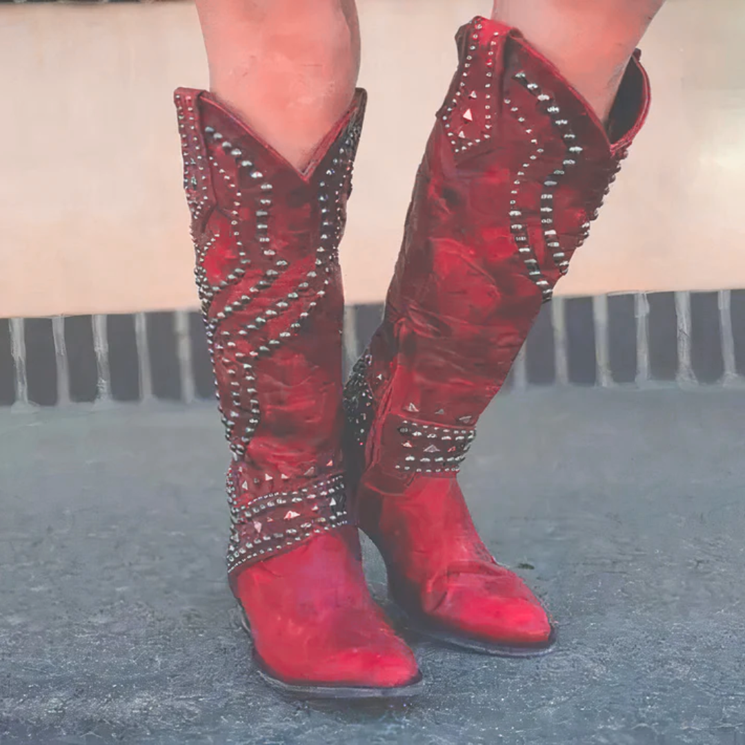 Bottes hautes au style rock – similicuir effet vieilli – détails à rivets – talon épais – zip latéral