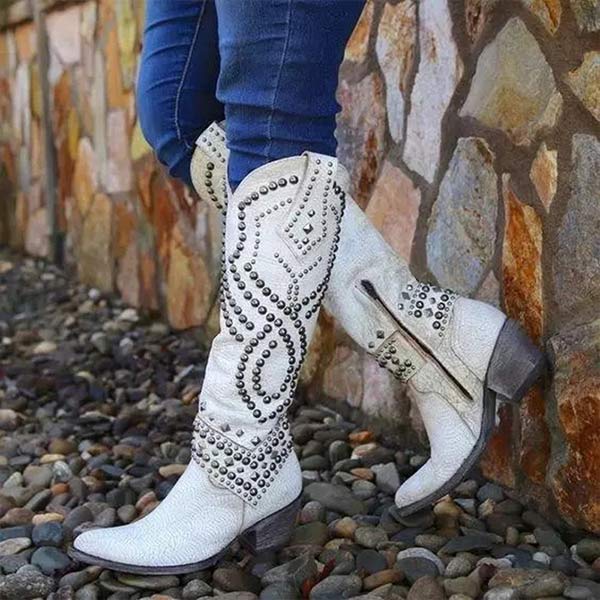 Bottes hautes au style rock – similicuir effet vieilli – détails à rivets – talon épais – zip latéral