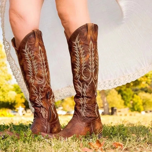 Bottes western brodées jusqu’au genou pour femme