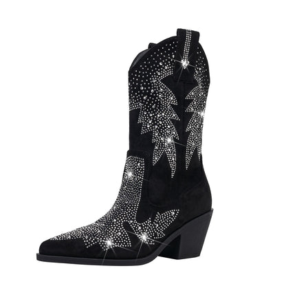 Bottes western mi-mollet à strass pour femme