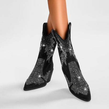 Bottes western mi-mollet à strass pour femme