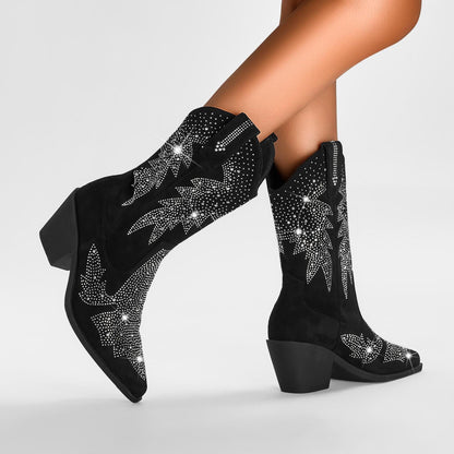 Bottes western mi-mollet à strass pour femme