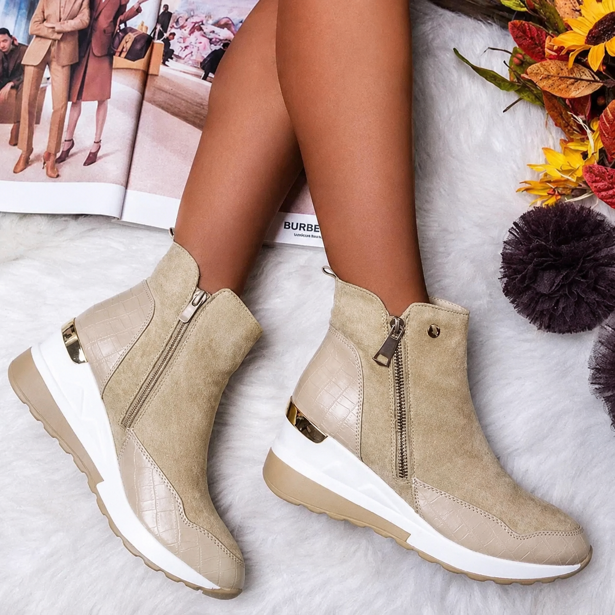 Bottines compensées imperméables à zip latéral pour femme