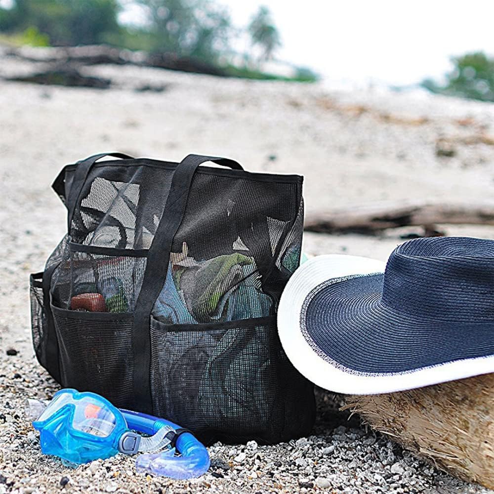 Cabas de plage en filet pliable avec 9 poches pour les journées en famille