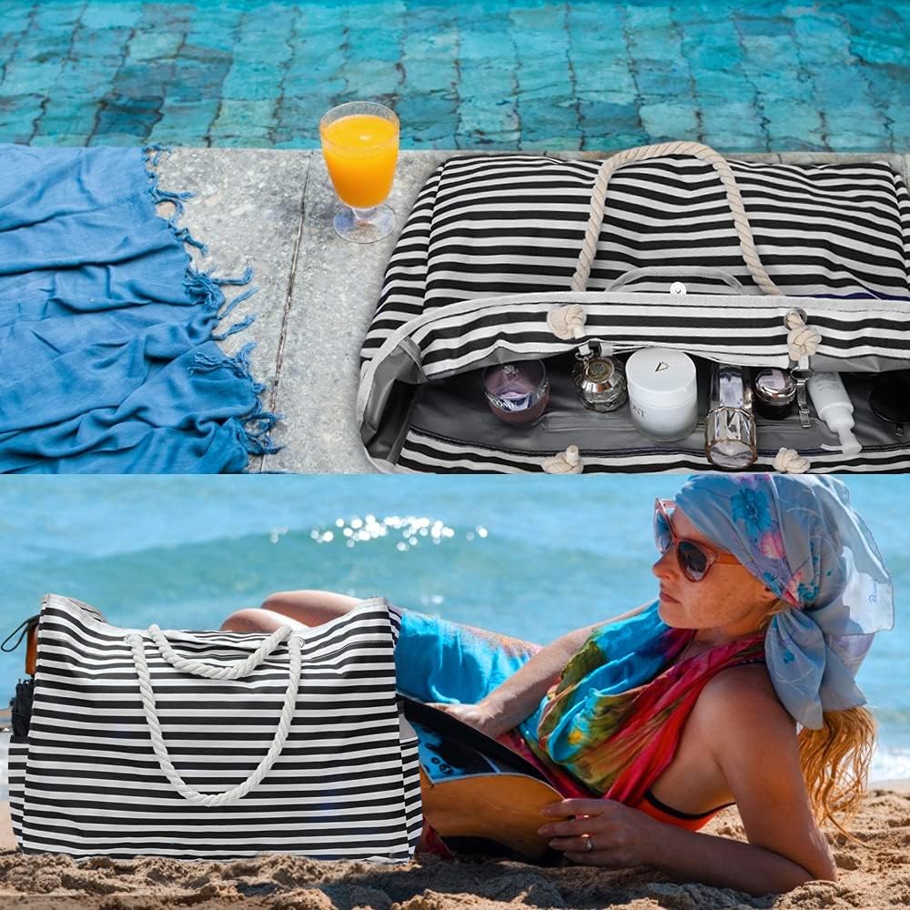 Cabas de plage imperméable, très grand format, avec pochette de voyage offerte