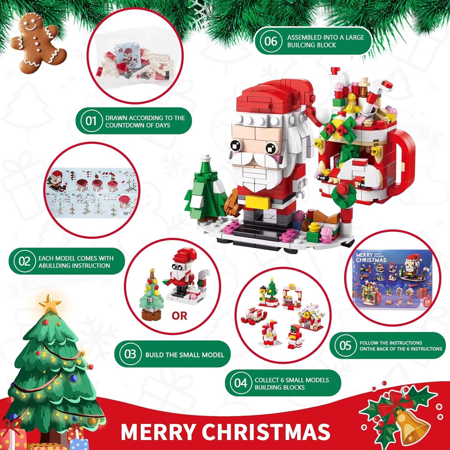 Calendrier de l’avent de Noël, set de briques de construction