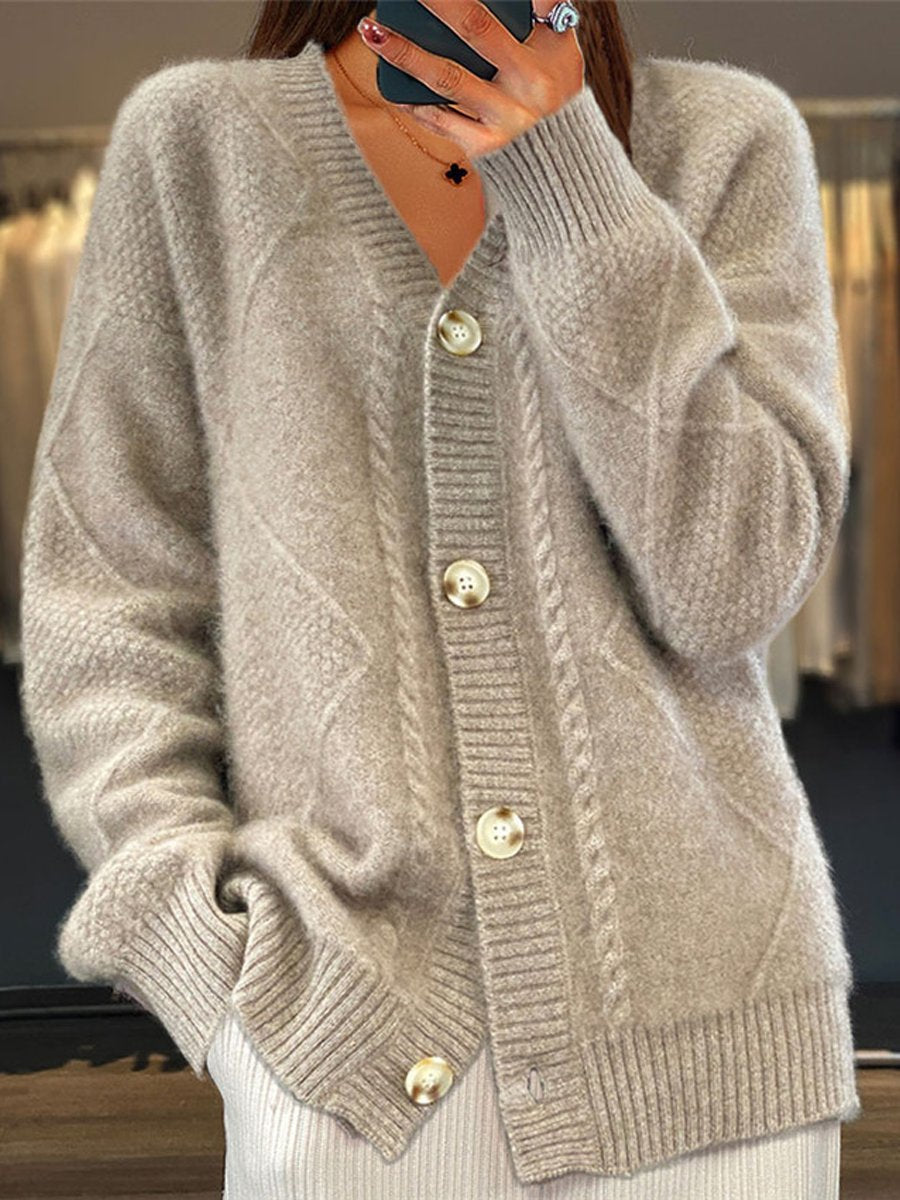 Cardigan femme à col V, maille torsadée